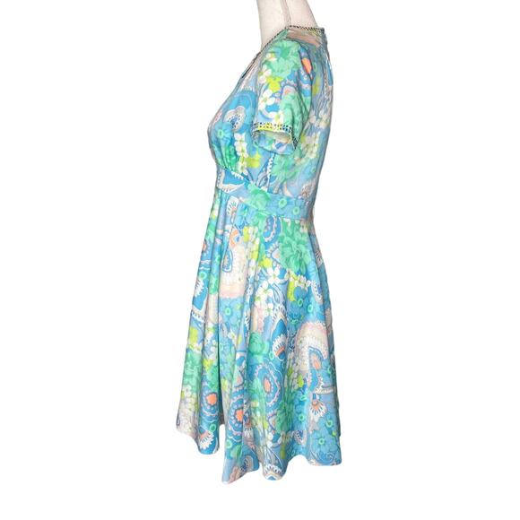 Vintage 60s 70s Nardiello for Rona NY Floral Dress DeepV Rhinestones Size Small - Picture 3 of 13
